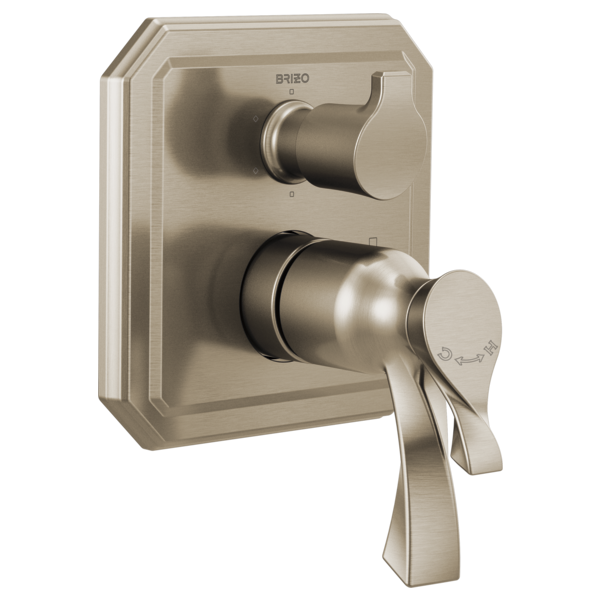 Brushed nickel thermostatic valve trim with upper diverter knob and lower lever handle on square escutcheon plate.
