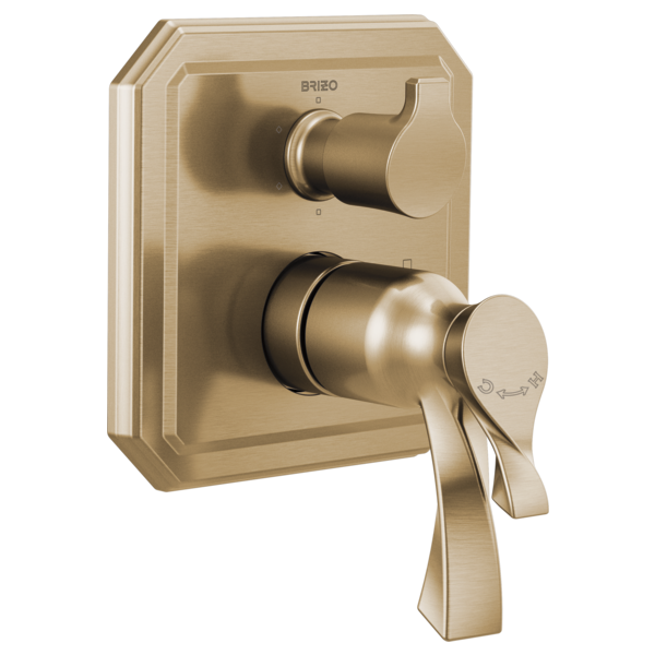 Champagne bronze thermostatic valve trim with two handles and integrated diverter control on rectangular escutcheon plate.