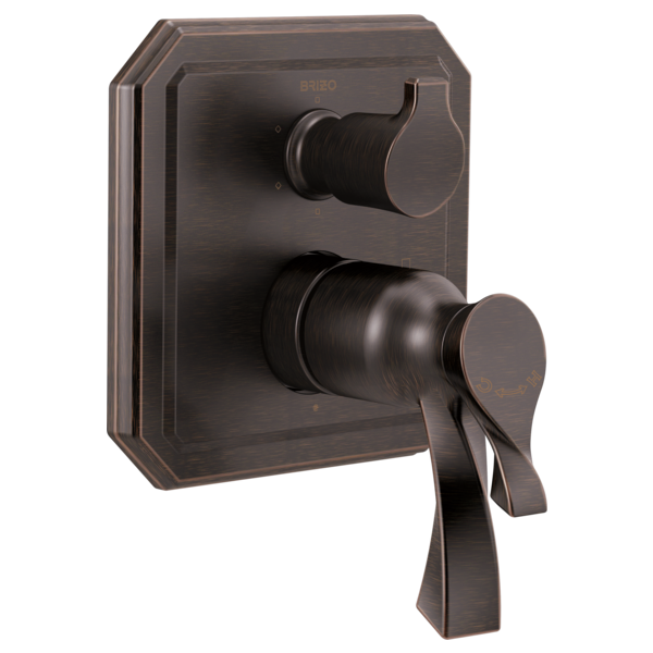 Oil-rubbed bronze thermostatic valve trim with two handles and rectangular escutcheon plate.