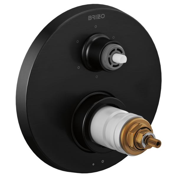 Matte black circular thermostatic valve trim with dual control knobs and brass internal components visible.