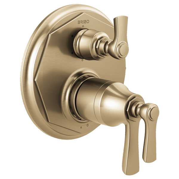 Brizo Rook champagne bronze thermostatic valve trim with dual handles and circular backplate.