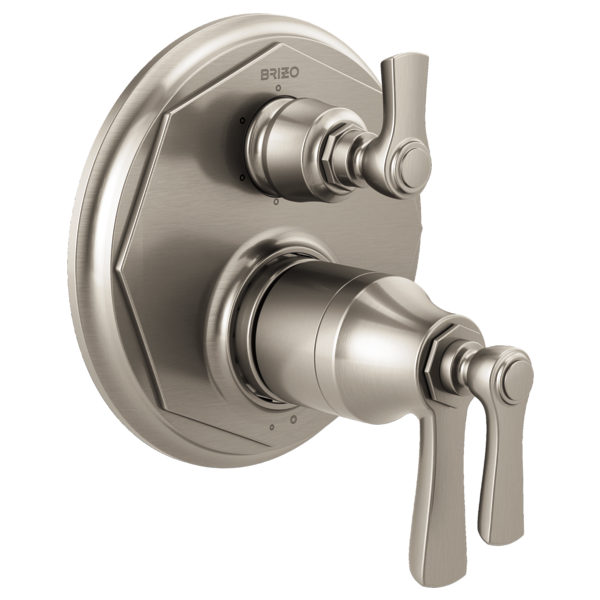 Brushed nickel thermostatic valve trim with dual handles and curved escutcheon plate.