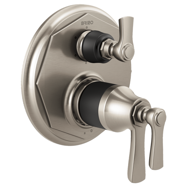 Brushed nickel thermostatic valve trim with dual handles and rounded escutcheon plate for shower control.