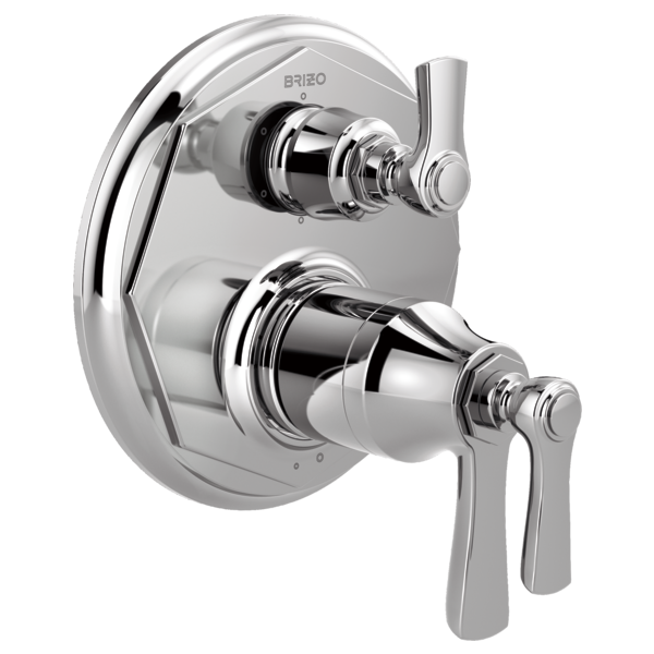 Polished chrome thermostatic valve trim with dual handles and diverter control on circular escutcheon plate.