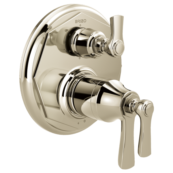 Polished nickel thermostatic valve trim with dual lever handles and circular escutcheon plate.