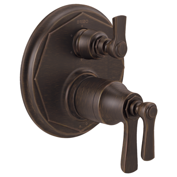 Bronze thermostatic shower valve trim with dual handles and circular escutcheon plate.
