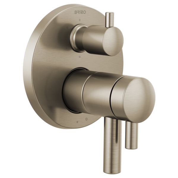 Brushed nickel thermostatic valve trim with dual cylindrical handles and round backplate.