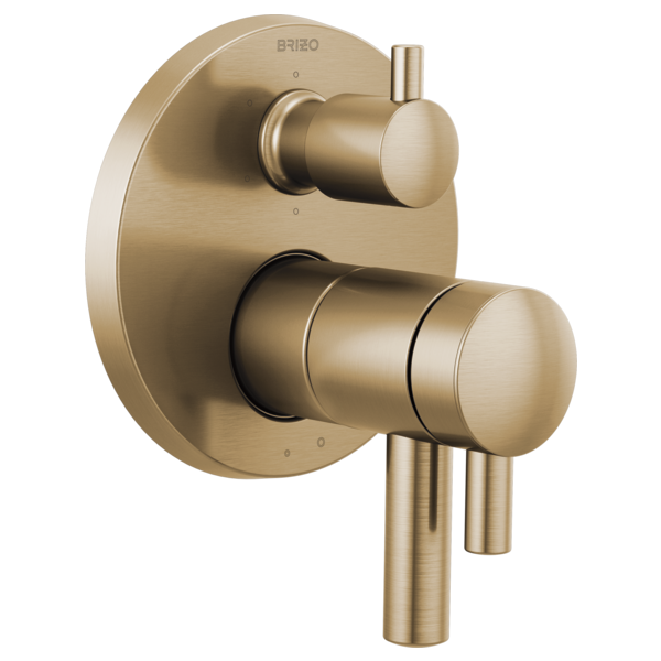 Brushed gold thermostatic valve trim with two cylindrical handles and circular backplate.