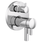 Chrome thermostatic valve trim with dual cylindrical handles and circular escutcheon plate.