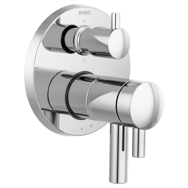 Chrome thermostatic valve trim with dual cylindrical handles and circular escutcheon plate.
