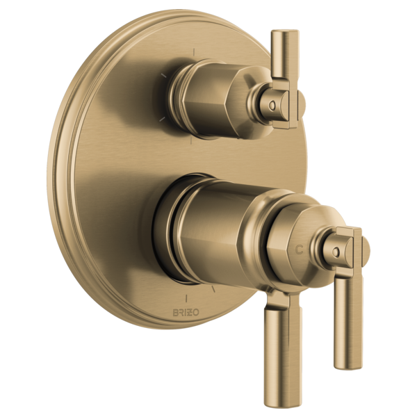 Brushed gold thermostatic valve trim with circular backplate and two cylindrical handles for water control and diverter funct