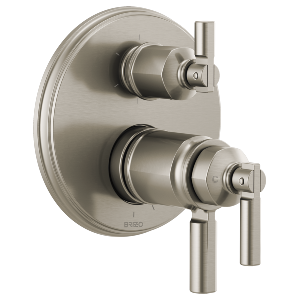 Brushed nickel thermostatic valve trim with dual handles and circular escutcheon plate for shower or bath installation.