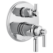 Chrome thermostatic valve with two lever handles mounted on circular trim plate with integrated diverter controls.