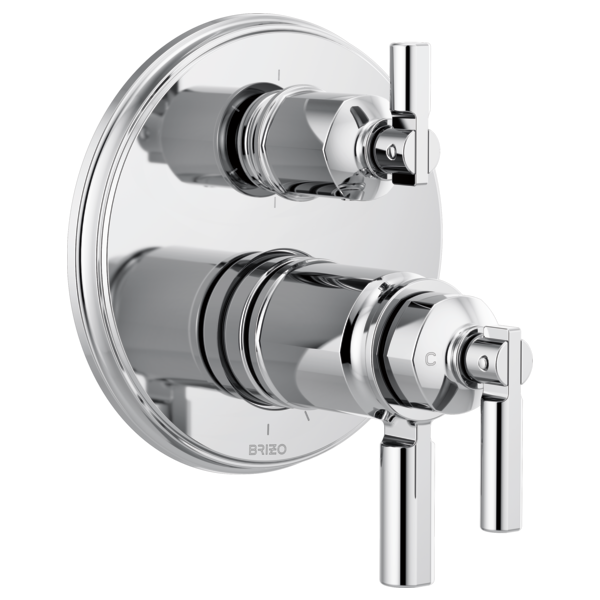 Chrome thermostatic valve with two lever handles mounted on circular trim plate with integrated diverter controls.