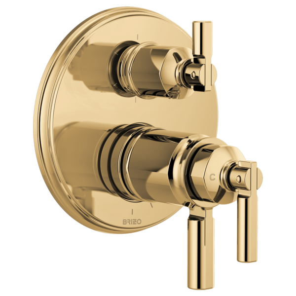Polished champagne bronze thermostatic valve trim with circular escutcheon plate and two lever handles for temperature and di