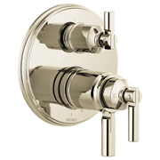 Polished nickel thermostatic valve trim with dual lever handles and integrated diverter on circular escutcheon plate.