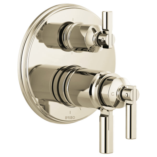 Polished nickel thermostatic valve trim with dual lever handles and integrated diverter on circular escutcheon plate.
