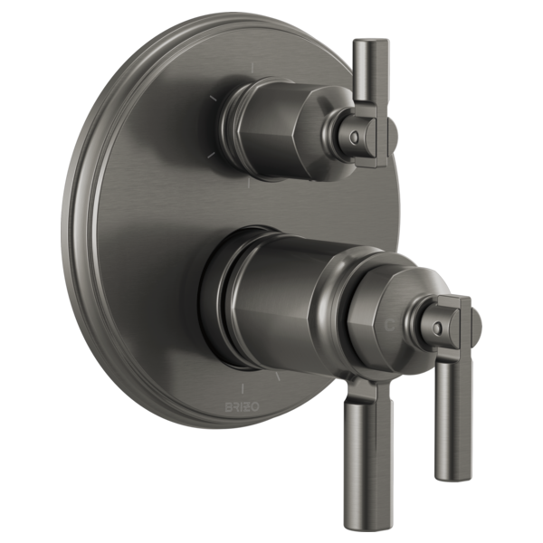 Brushed black stainless steel thermostatic valve trim with two lever handles and circular escutcheon plate.