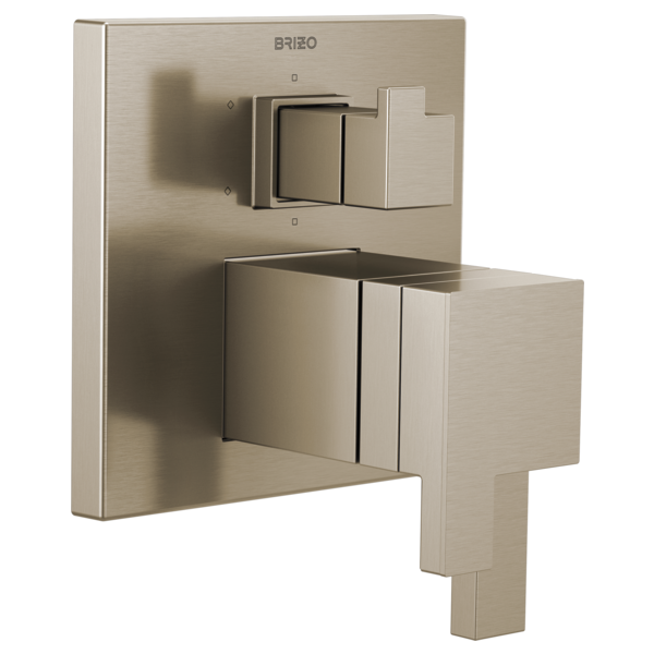 Brushed nickel Brizo thermostatic valve trim with square backplate and integrated diverter handle.
