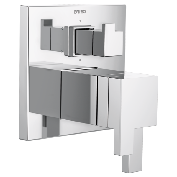 Brizo Siderna thermostatic valve trim with square chrome and white handles and integrated diverter control.