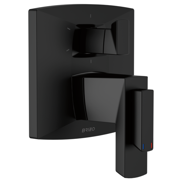 Black thermostatic shower valve trim with curved backplate, lever handle, and diverter control on matte finish.
