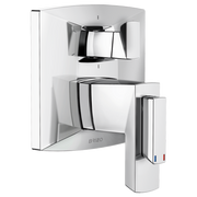 Chrome thermostatic valve trim with upper diverter handle and lower lever control on white escutcheon plate.