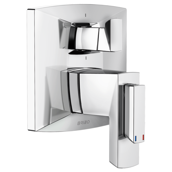 Chrome thermostatic valve trim with upper diverter handle and lower lever control on white escutcheon plate.