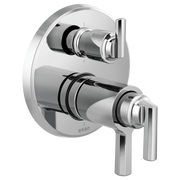 Chrome thermostatic valve trim with two rectangular handles and integrated diverter control on circular escutcheon plate.
