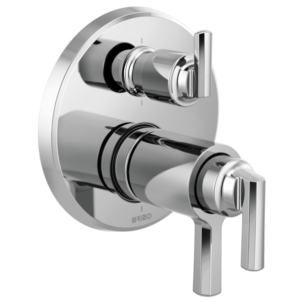 Chrome thermostatic valve trim with two rectangular handles and integrated diverter control on circular escutcheon plate.
