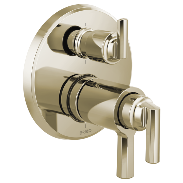 Polished nickel thermostatic valve trim with two lever handles and integrated diverter control on circular escutcheon plate.