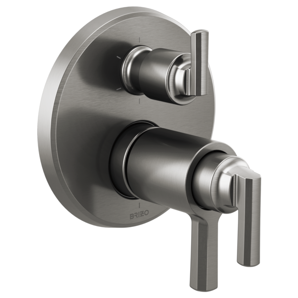 Brushed nickel thermostatic valve trim with dual lever handles and circular backplate for shower or bathtub installation.