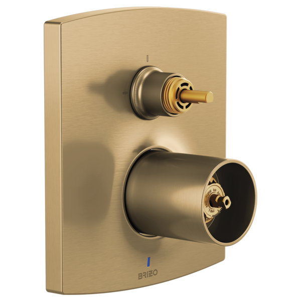 Brushed gold pressure balance valve trim with diverter knob and cylindrical control below on rectangular plate.
