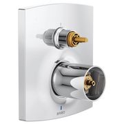 Brizo Kintsu pressure balance valve trim with brass diverter and chrome lever handle on white escutcheon plate.