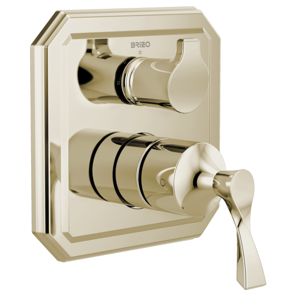 Brizo Virage pressure balance valve trim in polished nickel with upper diverter and lower lever handle controls.