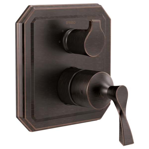 Bronze pressure balance valve trim with upper diverter knob and lower lever handle on square escutcheon plate.
