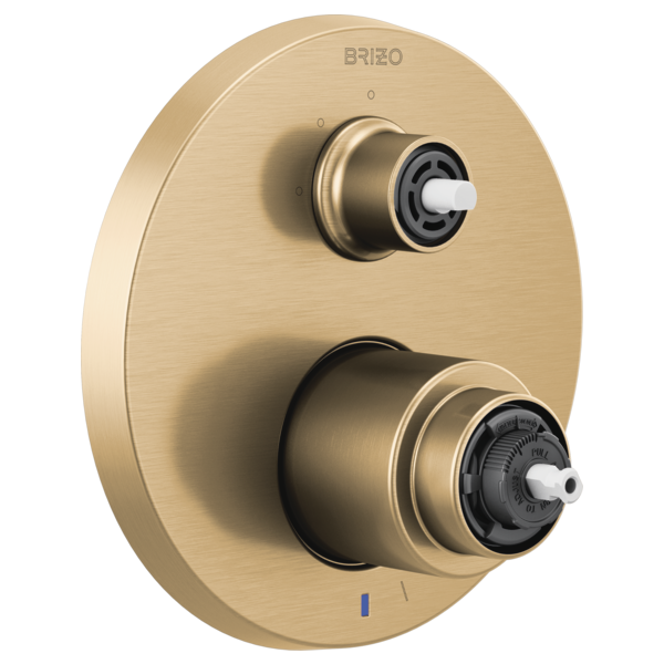 Brizo Litze pressure balance valve trim with dual metallic knobs and diverter controls on brushed bronze oval plate.