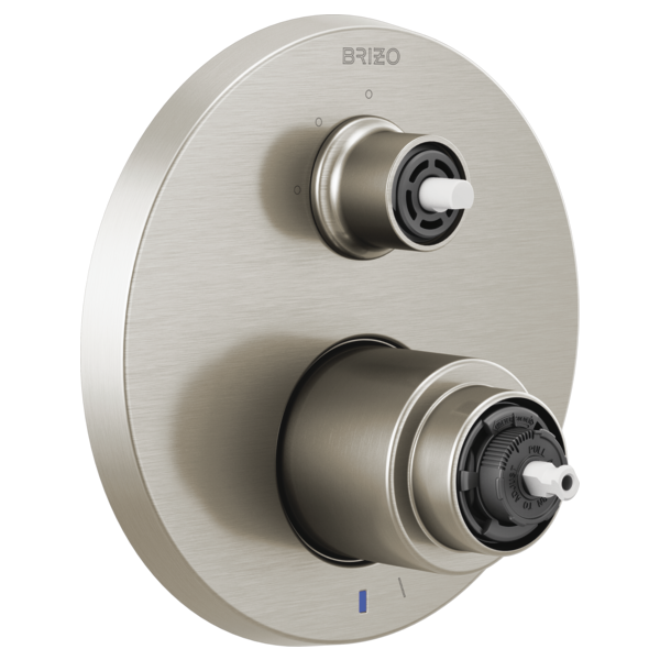 Brizo Litze brushed nickel pressure balance valve trim with integrated diverter and dual rotary controls.