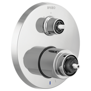 Brizo Litze chrome pressure balance valve trim with dual control knobs and integrated diverter, round white escutcheon.