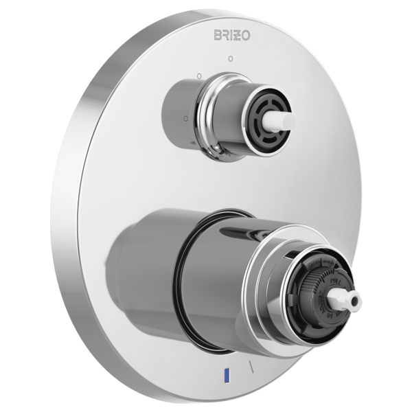 Brizo Litze chrome pressure balance valve trim with dual control knobs and integrated diverter, round white escutcheon.