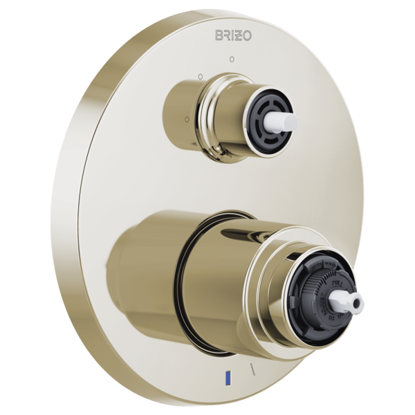 Brizo Litze pressure balance valve trim with dual control knobs and integrated diverter in champagne bronze and white finish.
