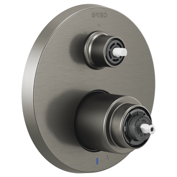 Brushed stainless steel oval valve trim with two knobs controlling water temperature and diverter function.