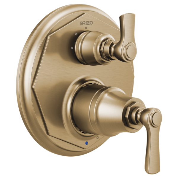 Brizo Rook champagne bronze pressure balance valve trim with two lever handles and integrated diverter control.
