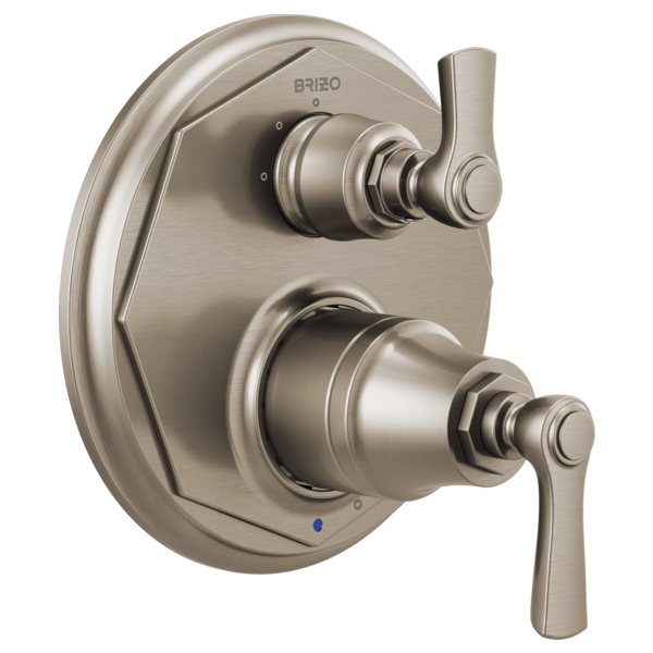 Brushed nickel pressure balance valve trim with dual lever handles and integrated diverter control on oval escutcheon plate.