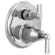 Brizo Rook chrome pressure balance valve trim with dual lever handles and integrated diverter control on circular escutcheon 