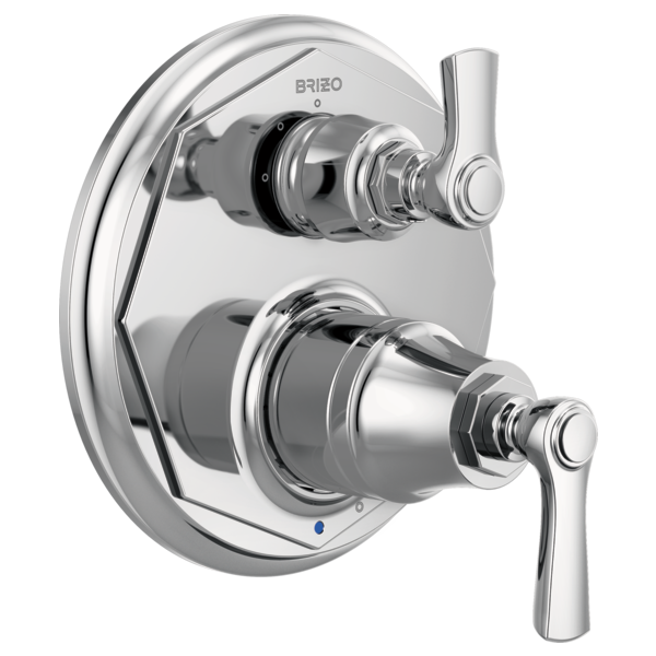 Brizo Rook chrome pressure balance valve trim with dual lever handles and integrated diverter control on circular escutcheon 