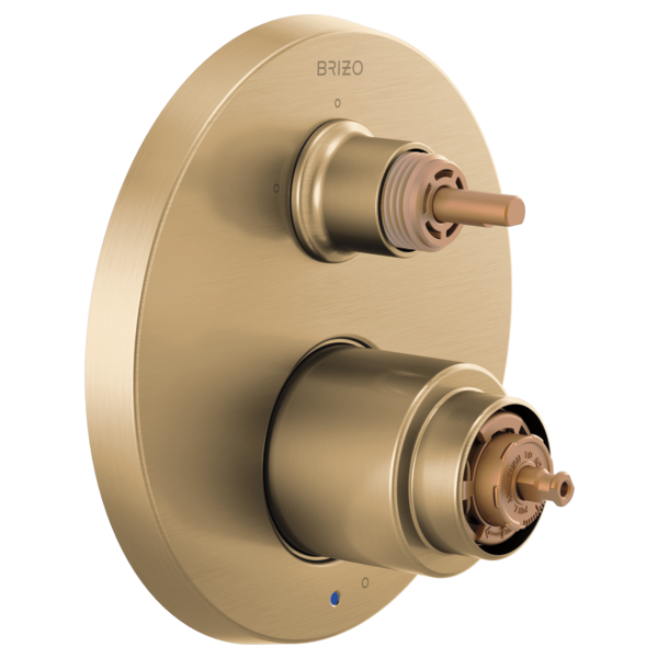 Brizo Odin pressure balance valve trim in champagne bronze with two control stems and integrated diverter, wall-mounted.