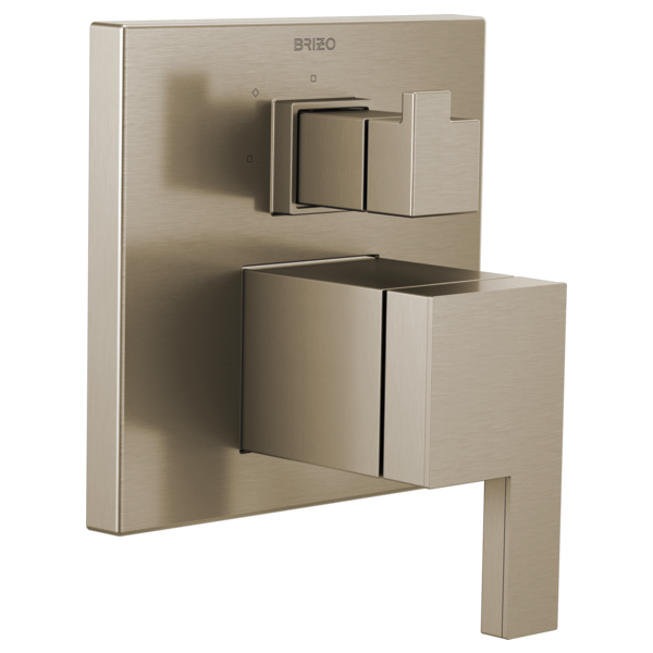 Brushed nickel square pressure balance valve trim with upper diverter handle and lower lever control on escutcheon plate.