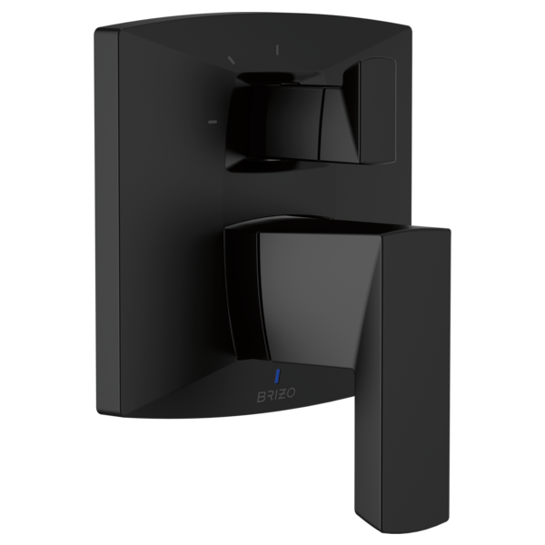 Black Brizo Vettis pressure balance valve trim with stacked lever handles and integrated diverter control.