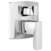 Chrome pressure balance valve trim with integrated diverter, featuring angular handle and rounded escutcheon plate.