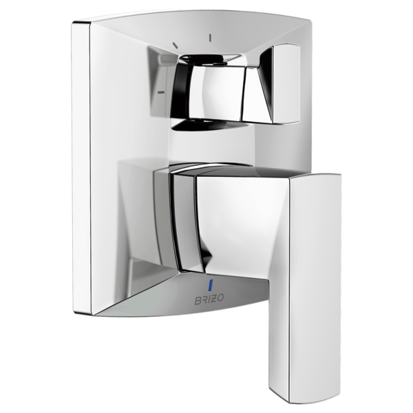 Chrome pressure balance valve trim with integrated diverter, featuring angular handle and rounded escutcheon plate.